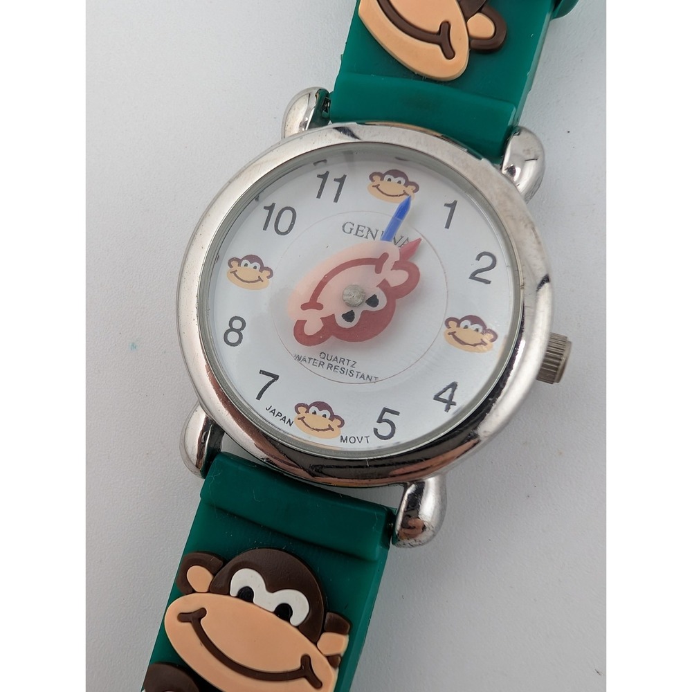 Geneva Kids Monkey Watch Rotating Monkey Green Band Silver Dial- New Battery